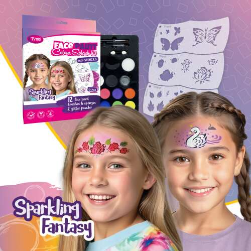 Sada na maľovanie tváre TyToo Sparkling Fantasy so šablónami, 12 farieb, 6 šablón, 2 trblietky, 2 štetce, 2 hubky, 2 obojstranné aplikátory