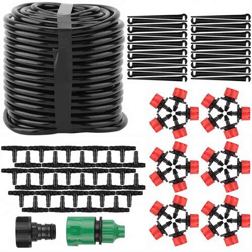 20 méteres csepegtető öntözőrendszer 20 szeleppel, tartalmazza a tömlőt, a csatlakozókat, a T-darabokat, az állítható fúvókákat, a horgonyokat és a kábelkötegeket