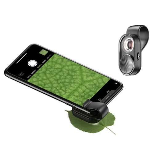 Apexel 100x Microscope Lens attached to a smartphone, showing a close-up view of a leaf