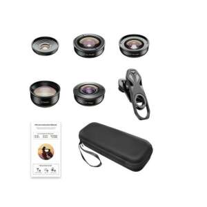Set de lentile profesionale Apexel 5 în 1 pentru smartphone-uri iPhone, Samsung, Huawei, Oppo, Xiaomi, include lentile cu unghi larg, super larg, teleobiectiv, macro, cu ochi de pește, cu husă de transport - Lentile / obiective pentru telefoane moblle