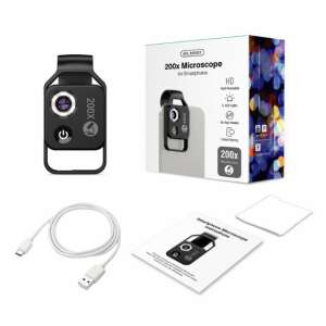 Microscop Apexel 200x pentru smartphone, negru, cu lumini LED, cablu de încărcare USB-C, cârpă de curățare și instrucțiuni - Lentile / obiective pentru telefoane moblle