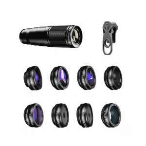 Apexel 10 in 1 professional phone lens kit, includes telephoto, fisheye, wide angle, macro, star filter, radial, kaleidoscope, CPL, flow lenses - Mobile Phone Lens Attachment