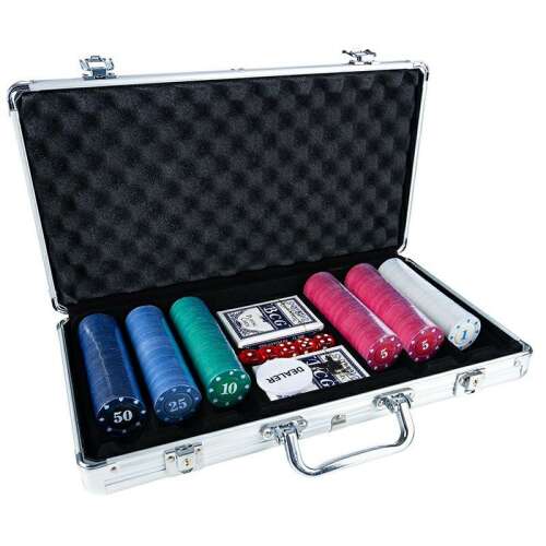 Покер комплект с 300 чипа, 2 тесте карти, зарчета и жетон за дилър в куфар