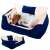 Blue and beige dog bed with a small dog sleeping in it