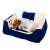 Blue and beige dog bed with a small dog sleeping in it