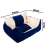 Blue and beige dog bed with dimensions