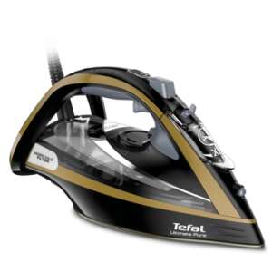 Tefal Ultimate Pure FV9865E0 Dampfbügeleisen, schwarz und gold, schräge Ansicht - Tefal