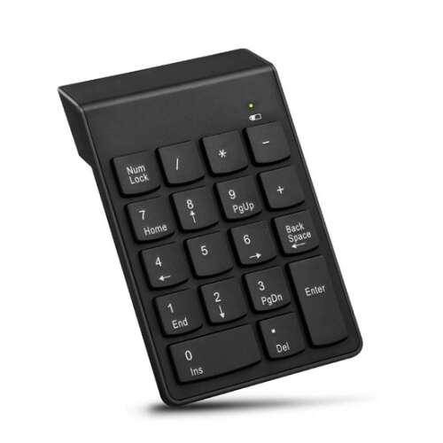 Vezeték nélküli numerikus billentyűzet USB csatlakozóval, fekete, kompakt kialakítás, ideális laptopokhoz és számítógépekhez