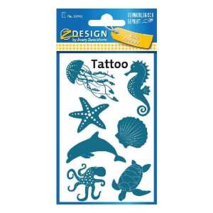 Z Design by Avery Zweckform foaie de tatuaje temporare cu animale marine, inclusiv o meduză, un cal de mare, o stea de mare, o scoică, un delfin, un caracatiță și o broască țestoasă - Tatuaje temporare
