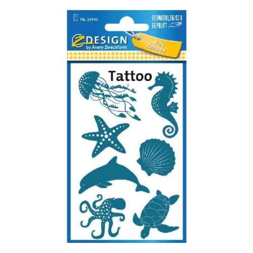 Z Design by Avery Zweckform dočasné tetovacie listy s morskými zvieratami, vrátane medúzy, morského koníka, hviezdice, mušle, delfína, chobotnice a korytnačky