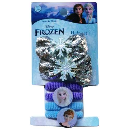 Zestaw do włosów Disney Frozen z 2 srebrnymi błyszczącymi spinkami do włosów w kształcie kokardki i 4 gumkami do włosów z postaciami z Krainy Lodu