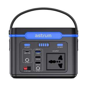 Astrum PS100 tragbare Powerstation, schwarz, Nahaufnahme der Anschlüsse und Verbindungen - Astrum