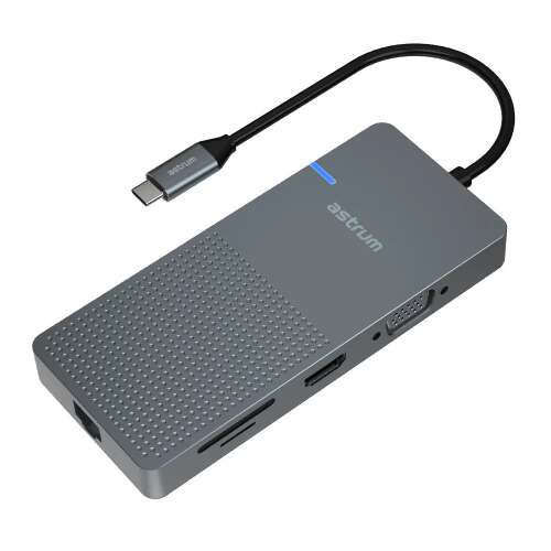 Astrum DA090 Type-C univerzális dokkoló állomás, 4K HDMI, VGA, dupla USB 3.0, SD kártya olvasó, Gigabit LAN, Type-C (100W) adapter, szürke