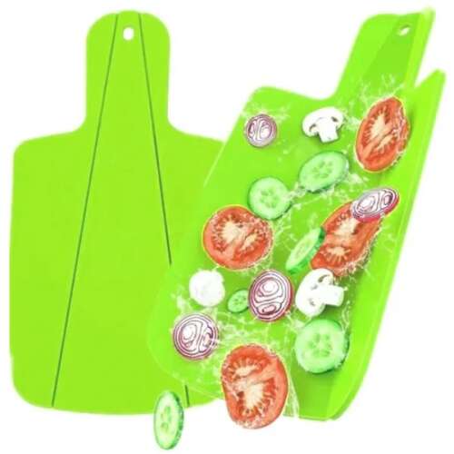 Zöld összecsukható vágódeszka fogantyúval, tökéletes zöldségek aprításához és fazékba vagy tálba öntéséhez