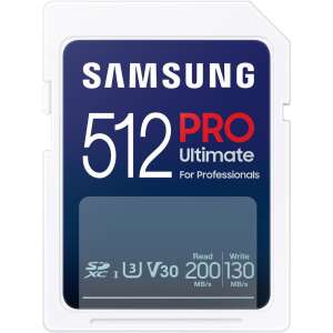 Card de memorie Samsung 512GB PRO Ultimate SDXC, UHS-I, Class 3 (U3), V30, viteza de citire 200MB/s, viteza de scriere 130MB/s - Samsung Carduri memorie
