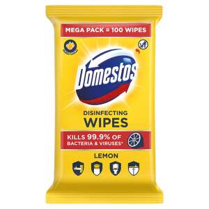 Domestos Disinfecting Wipes Lemon 100 Count, kills 99.9% of bacteria and viruses, disinfectant wipes for home and kitchen - Household wipes