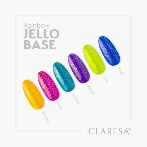 Kolory lakierów żelowych Claresa Rainbow Jello Base, w tym żółty, różowy, morski, fioletowy, limonkowy i niebieski
