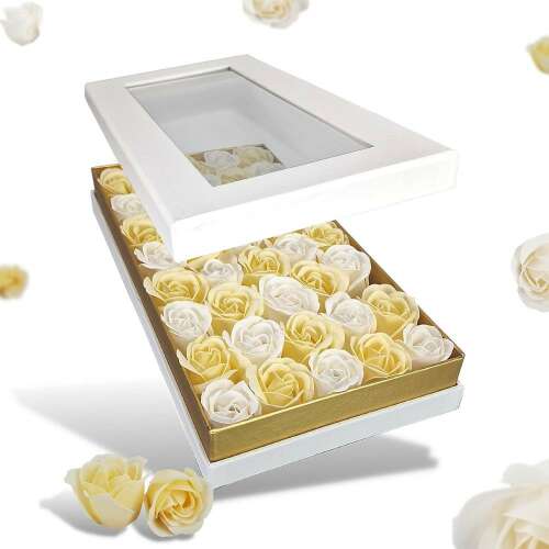 Fehér ajándékdoboz 40 krém és fehér szappanrózsával, tökéletes Valentin-napra vagy Anyák napjára