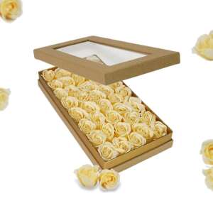 Prémium szappanrózsa szelence átlátszó tetejű, 40 darab krém színű, illatos szappanrózsával, Valentin-napra vagy anyák napjára - Ajándék ötlet Valentin-napra