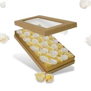 Prémium szappanrózsa ajándék doboz, 40 darab krém-fehér illatos szappanrózsával, átlátszó tetejű natúr dobozban - Ajándék ötlet Valentin-napra
