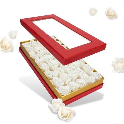 Prémium szappanrózsa szelence átlátszó tetejű piros dobozban - fehér rózsával