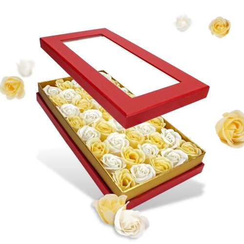 Ajándékdoboz 40 illatos szappanrózsával, fehér és sárga színben, átlátszó tetejű piros dobozban, tökéletes Valentin-napra vagy Anyák napjára