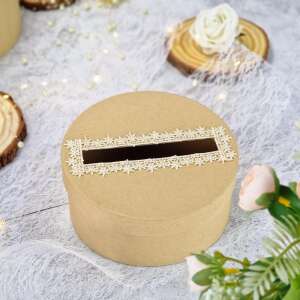 Natur barna kerek esküvői persely csipkés díszítéssel, 20cm - Ajándékötlet esküvőre