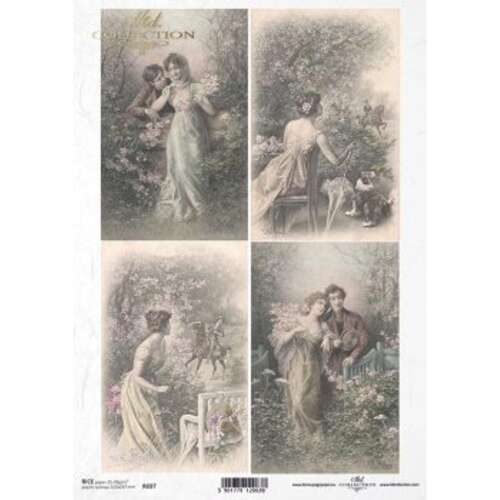 A4-es méretű rizspapír 4 vintage romantikus képpel párokról kertben, tökéletes decoupage projektekhez