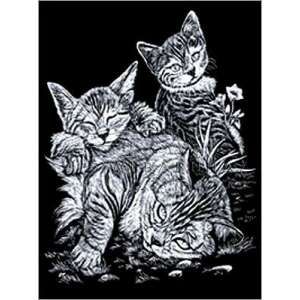 Karcolásos kép készlet, három alvó macskával, 20x25 cm, ezüst - Művészet & Hobbi
