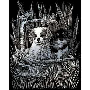 Karcoló kép készlet ezüst kivitelben, két spániel kölyökkel kosárban, pillangókkal, 20x25 cm - Művészet & Hobbi