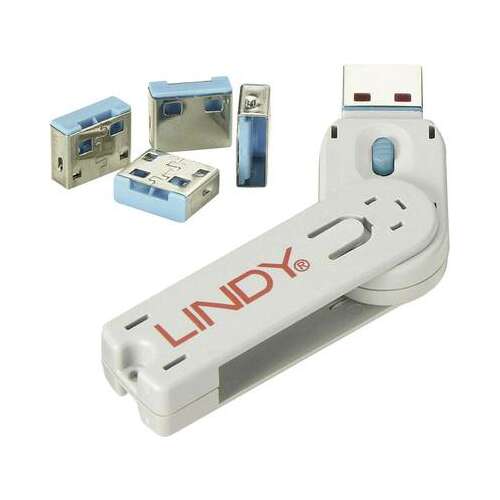 Blocaj port USB Lindy, set de 4, albastru, cu cheie