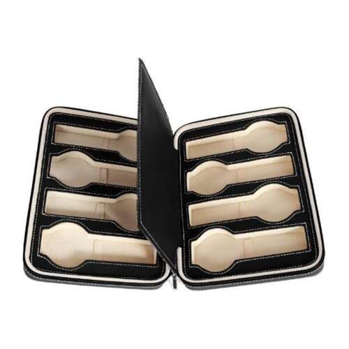 Fekete óratároló doboz 8 rekeszes, nyitott állapotban