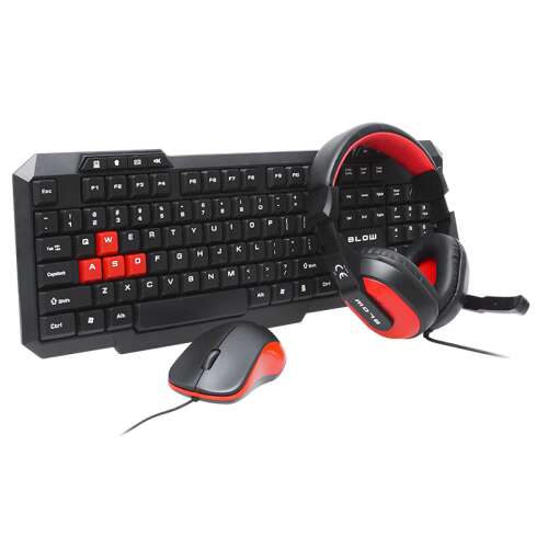 Blow Gamer szett - Billentyűzet, fejhallgató, egér V3, fekete és piros, vezetékes, USB, QWERTY kiosztás, 104 gomb, 8 multimédiás gomb, 1000 DPI egér, 3,5 mm-es jack fejhallgató