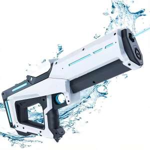 Fehér elektromos vízipisztoly kék díszítéssel, vízsugarat lő - Vízipisztoly