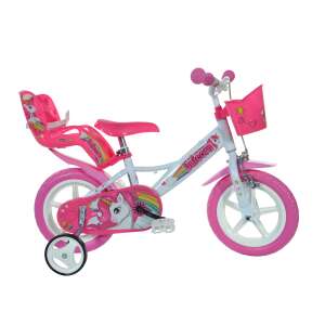 Dino Bikes Unicorn 12 Zoll Kinderfahrrad, weiß und rosa, mit Puppenträger und Stützrädern - Dino Bikes Fahrrad für Kinder
