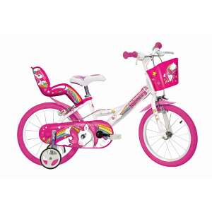 Dino Bikes Unicorn 16 Zoll Kinderfahrrad, weiß und rosa mit Einhorn-Design, Stützrädern und Korb - Dino Bikes Fahrrad für Kinder
