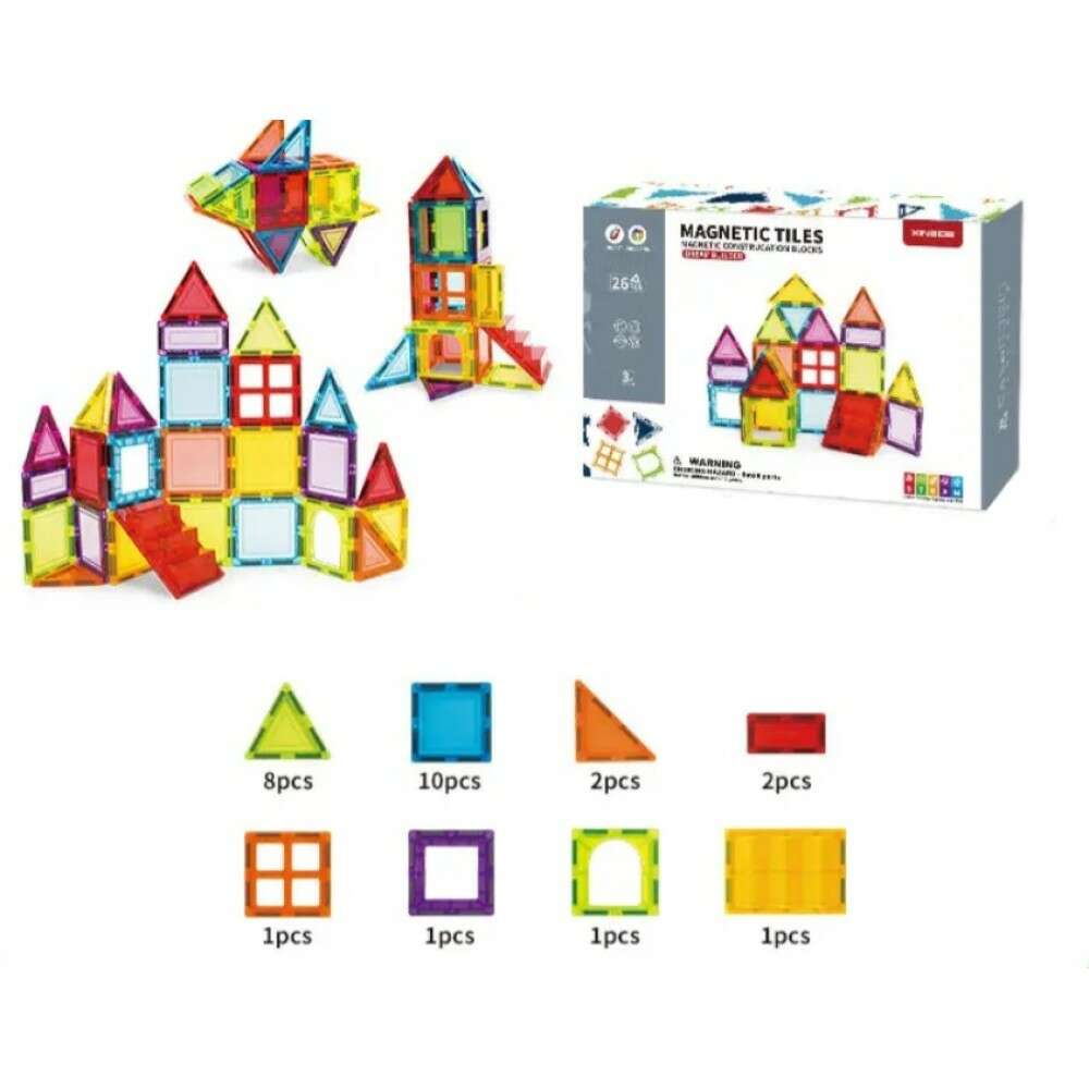 Set de constructie magnetic, 26 piese, Magnetic THD Tiles, pastel de forme geometrice diferite