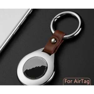 Метален ключодържател THD за Apple AirTag, сребърен цвят, с кафява кожена каишка - Проследяване на