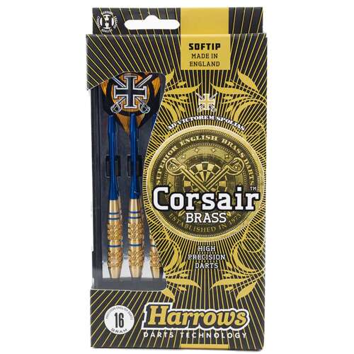 Harrows Corsair Brass 16g Soft Tip nyilak, 3 nyíl egy csomagban, kék és arany színű