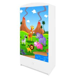 Babydreams fehér szafari szekrény színes állatmintával, zsiráffal, zebrával, oroszlánnal, elefánttal és vízilóval - Gyerek szekrény