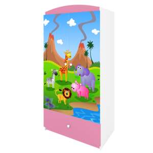 Babydreams rózsaszín szafari gardrób állatmintával, két ajtóval, egy fiókkal, tökéletes a gyerekszobába - Gyerek szekrény