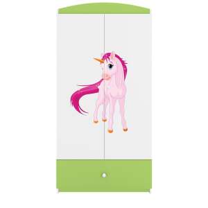 Green and white children's wardrobe with a pink unicorn sticker, Babydreams brand - Kids' Wardrobe