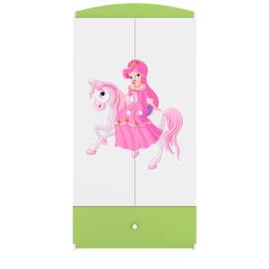 Babydreams zöld szekrény hercegnővel lóháton mintával, fehér ajtókkal, zöld fiókkal - Gyerek szekrény