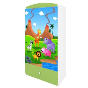 Babydreams green children's wardrobe with safari animal print, 2 doors, 1 drawer, 3 shelves - Kids' Wardrobe