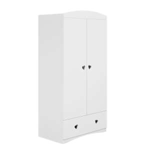 Julia white wardrobe with heart-shaped handles, 2 doors, 1 drawer, side view - Kids' Wardrobe