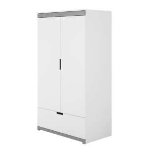 Tomi white wardrobe with grey accents, two doors, one drawer, side view - Kids' Wardrobe