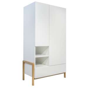 Victor white wardrobe with oak legs, two doors, shelves and drawer - Kids' Wardrobe