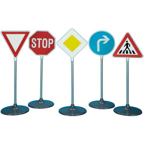 Set of 5 traffic signs for kids, includes stop, yield, pedestrian crossing, right turn, and priority road signs