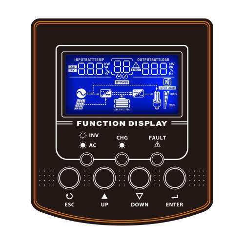 PowerWalker inverter kijelző, a töltés, a bypass és a túlterhelés állapotát mutatja