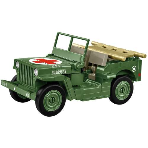 Cobi Medical Willys MB 130 darabos építő készlet, zöld Jeep mentőautó vörös kereszttel, 1:35 méretarány